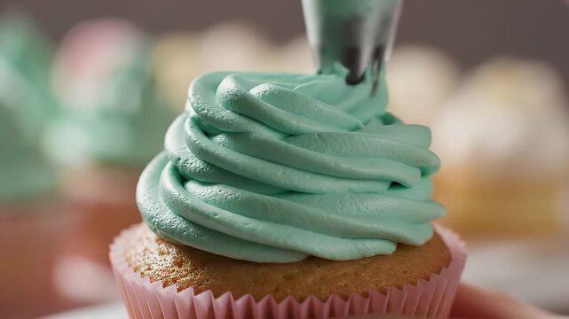 Piping a swirl of frosting onto a cupcake