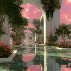 Dreamlike 3D Landscape of Utopian Worlds with Floating Green Spaces and Reflective Skies, tropical garden