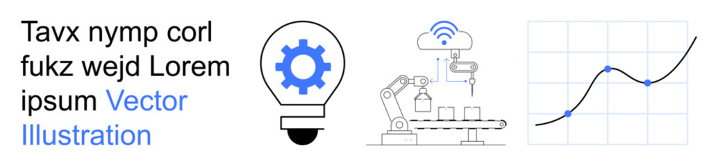 Automation, innovation, industry, data analytics, smart technology, production. Features robotic arm, gear in lightbulb graph. Automation and innovation in industrial contexts