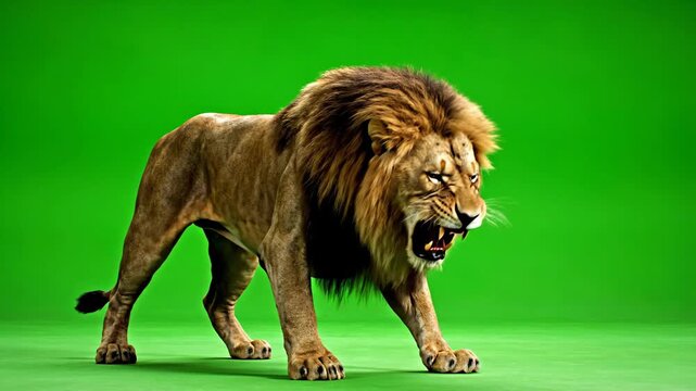 Majestic male lion on green screen background roaring and prowling with impressive mane and powerful stance