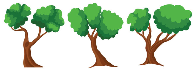 Cartoon trees set isolated on white. Cute green plants, forest background. Used for illustrate any nature or healthy lifestyle topic. Simple flat style vector illustration. Coniferous and deciduous