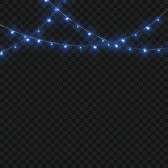 Christmas Blue Crossed Glowing String Lights Border on Transparent Background. Vector