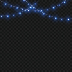 Christmas Blue Crossed Glowing String Lights Border on Transparent Background. Vector