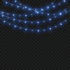 Christmas Blue Crossed Glowing String Lights Border on Transparent Background. Vector