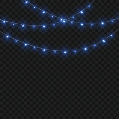Christmas Blue Crossed Glowing String Lights Border on Transparent Background. Vector