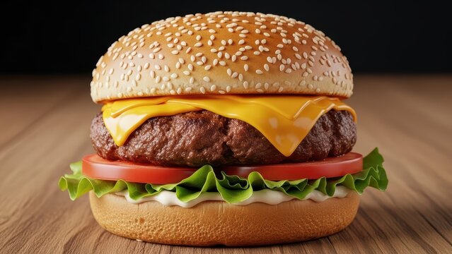 Delicious cheeseburger with lettuce, tomato, and sesame seed bun on wooden table - Powered by Adobe