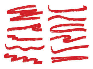 hand drawn red marker paint. Highlight brush strokes set. Underline material ornament straight line curve wavy line embellishment border decorative border. Title simple stylish red scribble line
