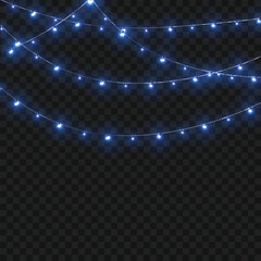 Christmas Blue Crossed Glowing String Lights Border on Transparent Background. Vector