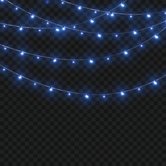 Christmas Blue Crossed Glowing String Lights Border on Transparent Background. Vector
