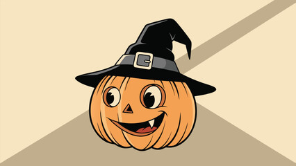 A cartoon illustration of a happy pumpkin wearing a witch's hat, with a wide smile and big eyes.