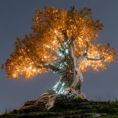 Fantasy Scene Featuring a Tree with Circuit Board Textures and Luminescent Details