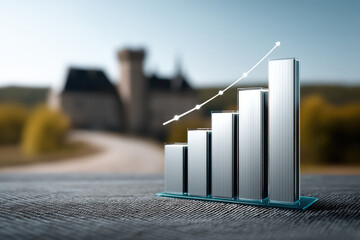 Metallic bar graph turquoise color growth upward trend business success financial increase castle background outdoor optimistic