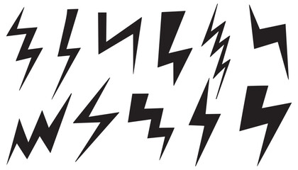 Collection of dynamic black lightning bolt symbols. Electric energy black silhouettes, power concept. Vector isolated dynamic sports logo set. Flash symbol, thunderbolt, blitz lightnings strike sign. 
