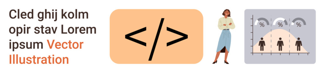 Web development, data analytics, business management, information design, education, statistical insights. Features coding symbol, woman standing and graph with human figures. Web development