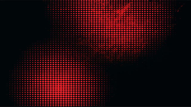 Abstract halftone background vector illustration featuring a dark mosaic pattern with red neon circles and black grid textures for a digital disco wallpaper design