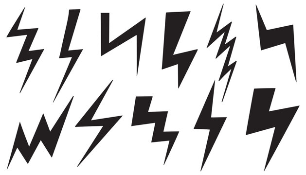 Collection of dynamic black lightning bolt symbols. Electric energy black silhouettes, power concept. Vector isolated dynamic sports logo set. Flash symbol, thunderbolt, blitz lightnings strike sign. 