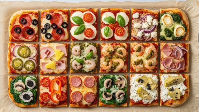 Assorted pizza toppings on square slices with various fresh ingredients and vibrant colors