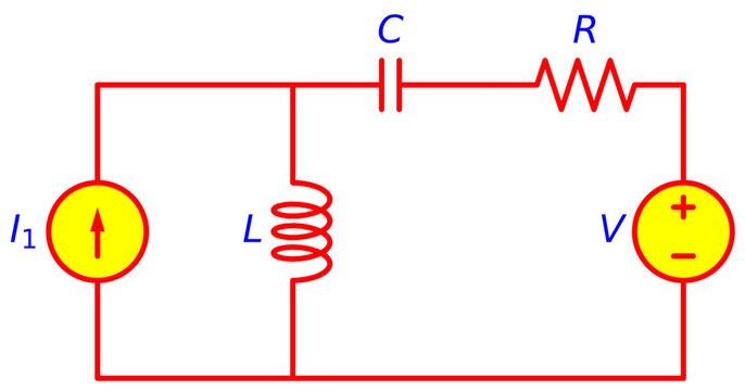 Editable RLC electrical circuit diagram with resistor, capacitor and inductor including independent current and voltage sources, illustrating transient and AC circuit analysis for engineering