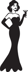 A sophisticated woman in a glamorous evening gown enjoys a cocktail in a classic silhouette