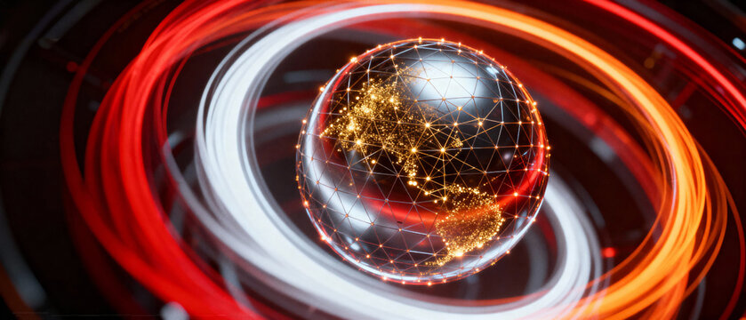 Globe with glowing network and light trails - Powered by Adobe