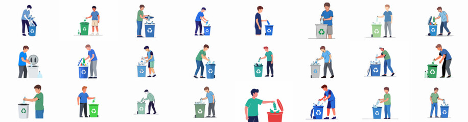Young Men Recycling Plastic Bottles: Set of Flat Vector Illustrations Promoting Environmental Responsibility and Waste Sorting into Designated Bins.