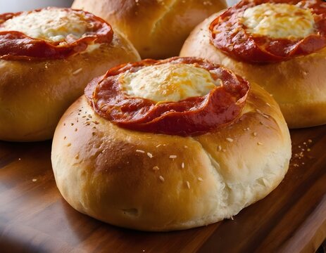 cheesy pepperoni pizza buns on a wooden board - Powered by Adobe