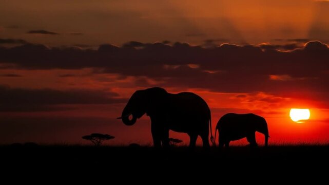 Silhouettes of two African elephants, one adult and one juvenile, standing on the savannah against a dramatic sunset sky, bright orange and dark clouds. 4k video