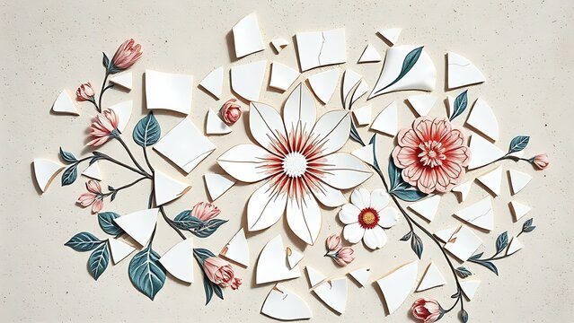 labdanum. Broken porcelain fragments reassembled into an elegant floral mosaic on a neutral surface, top-down view. menu design.
