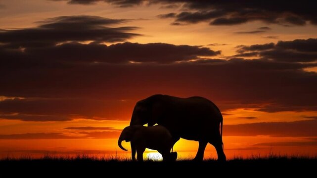 Silhouettes of two African elephants, one adult and one juvenile, standing on the savannah against a dramatic sunset sky, bright orange and dark clouds. 4k video
