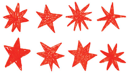 Collection of funky abstract shape elements. Graphic red stars among scribble doodles, color collage. Flat vector illustrations isolated on white background. Hand drawn crayon star. Brush red stars
