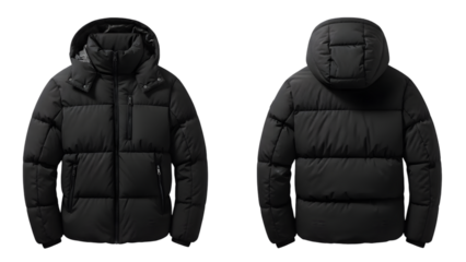 Black puffer jacket with hood shown from front and back isolated on transparent background