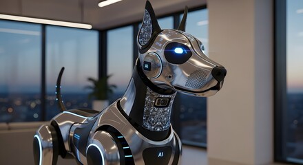 Sleek chrome robotic dog with glowing blue eyes stands alert inside a modern high rise office building