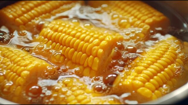 Boiling corn on the cob in a pot, a close-up overhead shot of vibrant yellow corn cobs in a bubbling liquid