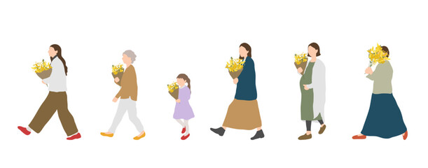 ミモザを抱えて歩く、世代の異なる日本人女性たちのイラスト