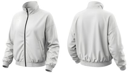 Lightweight white bomber jacket with black zipper and elastic cuffs and hem isolated on transparent background