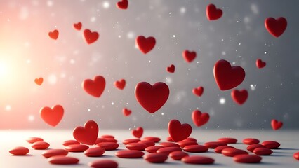 Romantic red hearts floating in air with sparkling lights