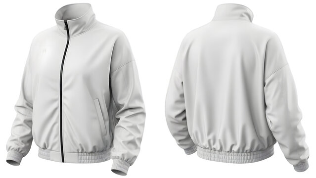 Lightweight white bomber jacket with black zipper and elastic cuffs and hem isolated on transparent background