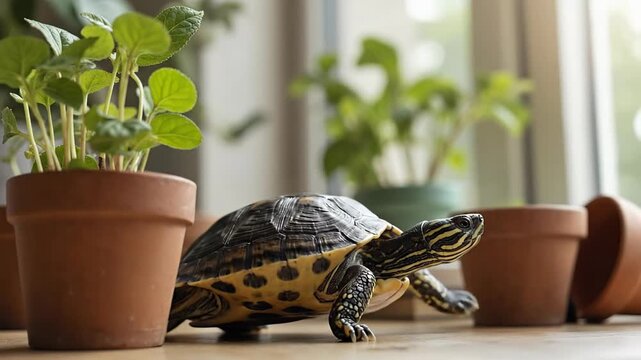 A turtle exploring a potted plant on a sunny indoor table.