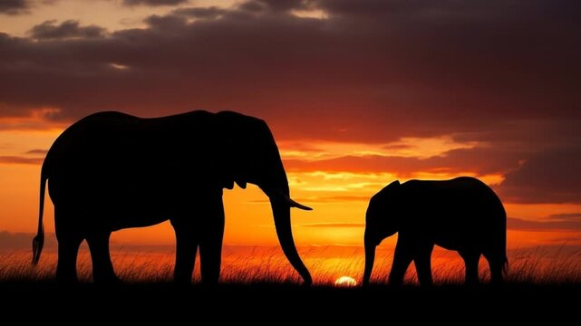 Silhouettes of two African elephants, one adult and one juvenile, standing on the savannah against a dramatic sunset sky, bright orange and dark clouds. 4k video