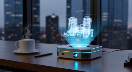 Futuristic holographic architectural projection device displays building blueprint over a dark city skyline view