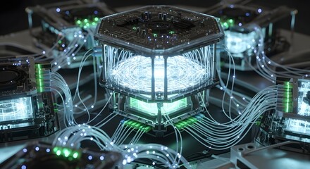 Advanced quantum computing core with glowing fiber optics and complex circuitry in a dark laboratory setting