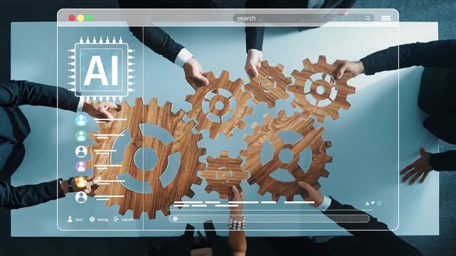 Engaging scene of professionals collaborating with artificial intelligence elements and gears, emphasizing teamwork and innovation in modern business strategies. Raster