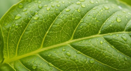 Close-up of a vibrant green leaf with fresh water droplets, showcasing natures intricate details and refreshing beauty.