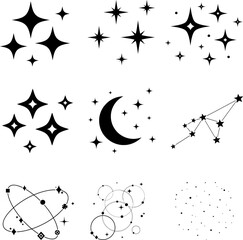 Sparkling stars and celestial constellation icons set in black and white