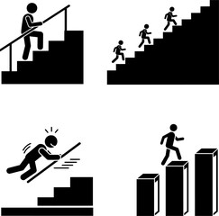 Stick figure climbing stairs and progress bar icon set