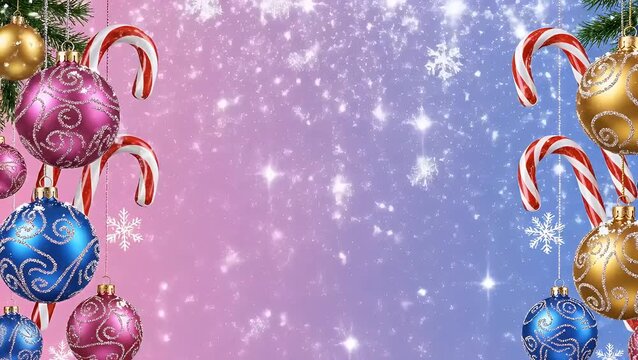 Festive holiday frame with colorful baubles and candy canes