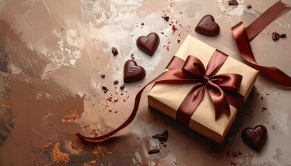 Luxurious gift box tied with a satin ribbon, surrounded by tempting heart-shaped chocolates and crumbs on a rich brown background, symbolizing love and sweet affection