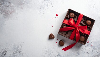 Beautifully presented box of gourmet chocolate pralines, tied with a vibrant red ribbon, a perfect sweet gift for celebrating love, anniversaries, or special moments