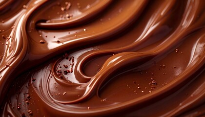 A captivating and intricate close-up view of intensely dark, rich chocolate creating a mesmerizing wavy pattern, adorned with subtle glistening sprinkles, perfect for gourmet and dessert concepts