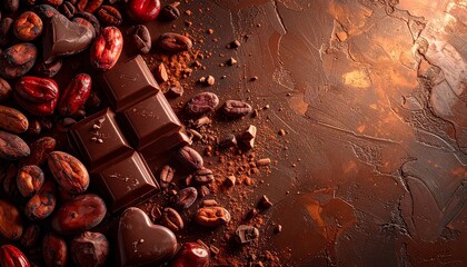 Delicious chocolate bars and cocoa beans arranged artistically on a textured dark brown background, a sweet treat for any occasion